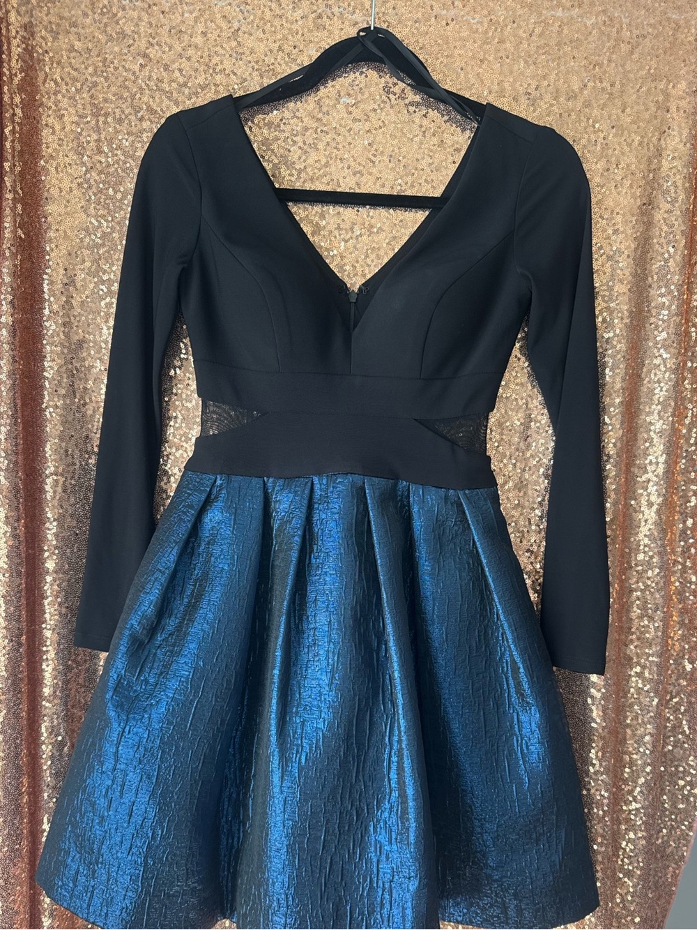 Xscape Black Bodice with Shimmery Blue Fit & Flare Bottom, Long-Sleeve Dress
